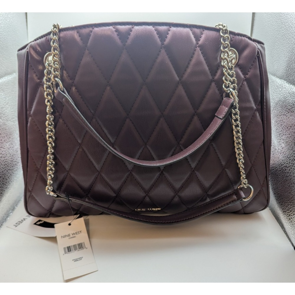 NINE WEST Shoulder Bag Womens Maroon/Brown Quilted Chain Strap Faux Leather NEW